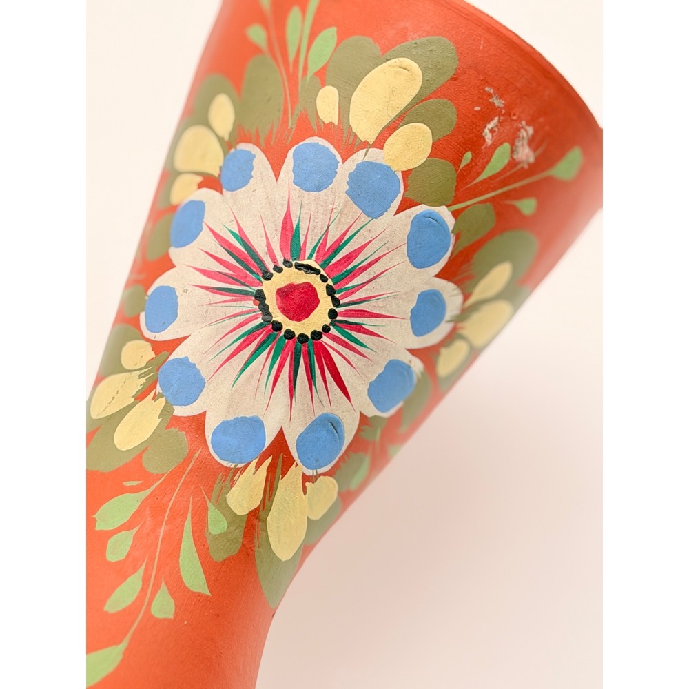Vintage Hand‎ Painted Floral Terracotta Bud Vase Red Folk Art Hourglass 7.5in